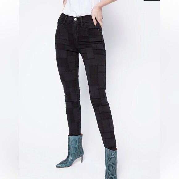 FRAME Le High Skinny Jeans‎ Laser Patchwork in Black Noir Multi size 26 - Picture 1 of 13